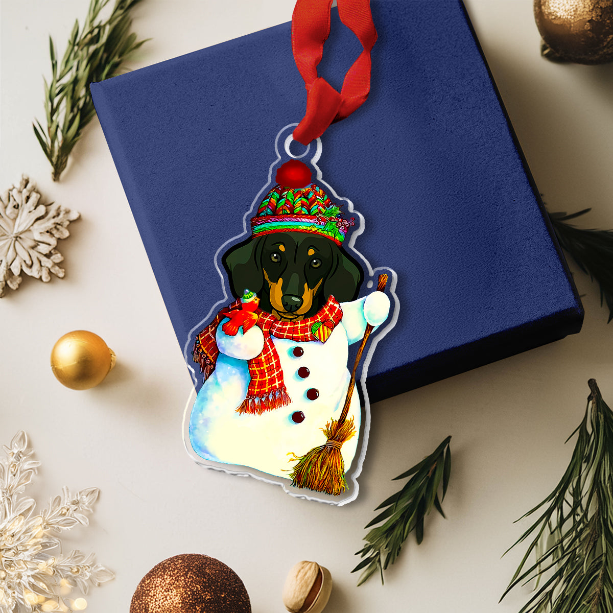 Shineful 2D Acrylic Ornament Cute Dachshund Snowman