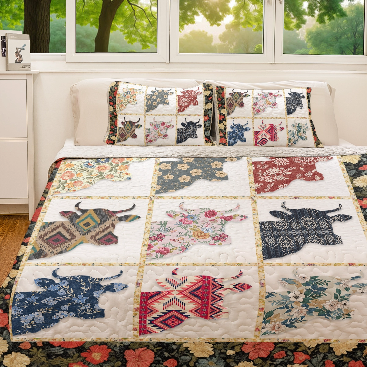 Shineful All Season Quilt 3-Piece Set Floral Highland Cow