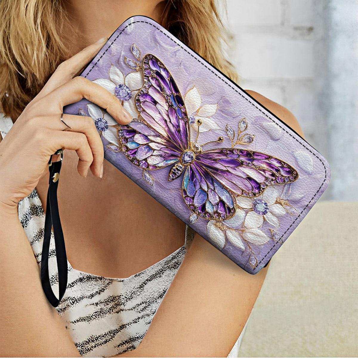 Shineful Leather Clutch Purse With Wristlet Strap Handle Jewelry Wings