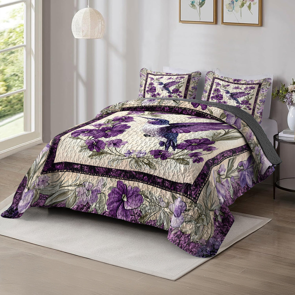 Shineful All Season Quilt 3-Piece Set Gorgeous Purple Hummingbird