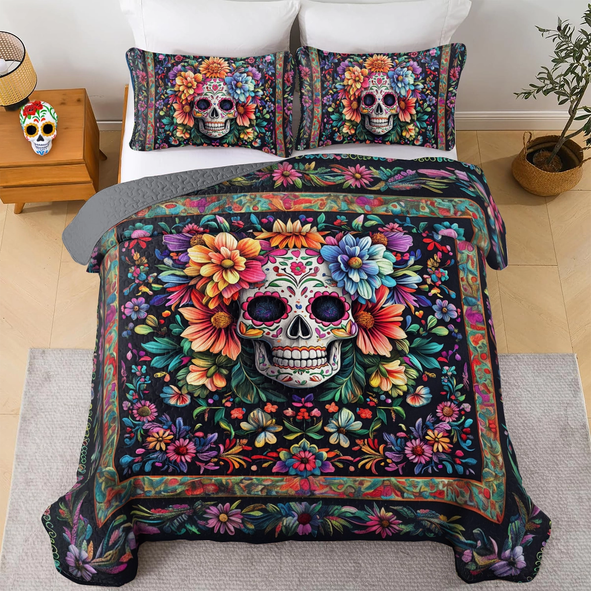 Shineful All Season Quilt 3-Piece Set Sugar Skull Blossom