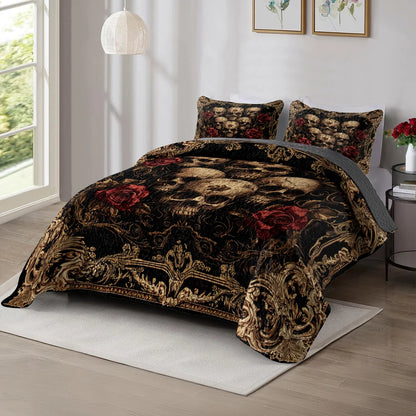 Shineful All Season Quilt 3-Piece Set - Dark Gothic Skulls