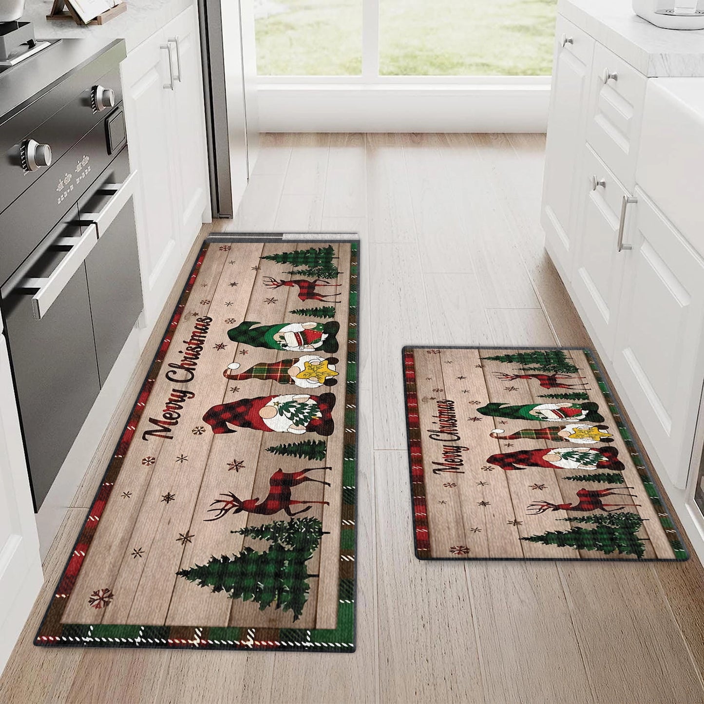 Shineful Ultra-Thin Non Skid Floor Mat, Kitchen Rugs Festive Gnome & Reindeer