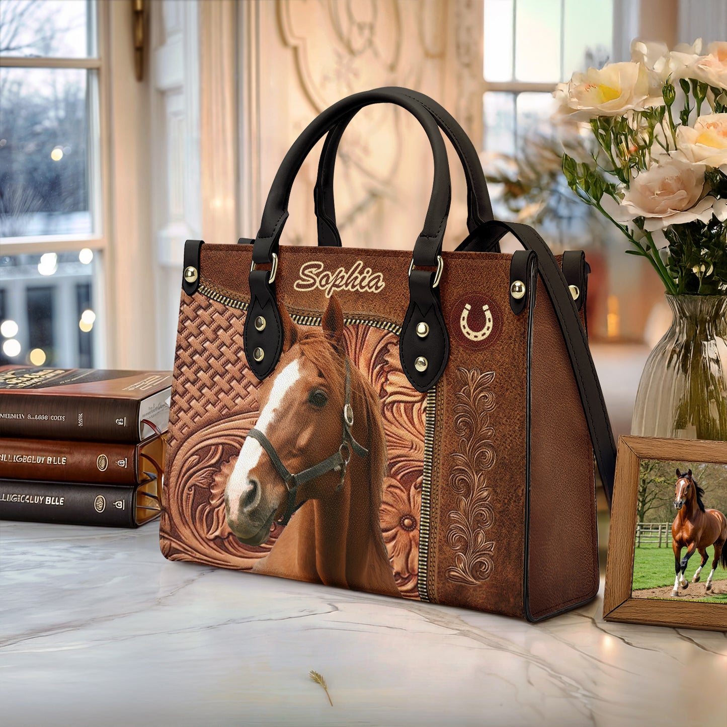 Sac en cuir brillant avec breloque cheval personnalisée