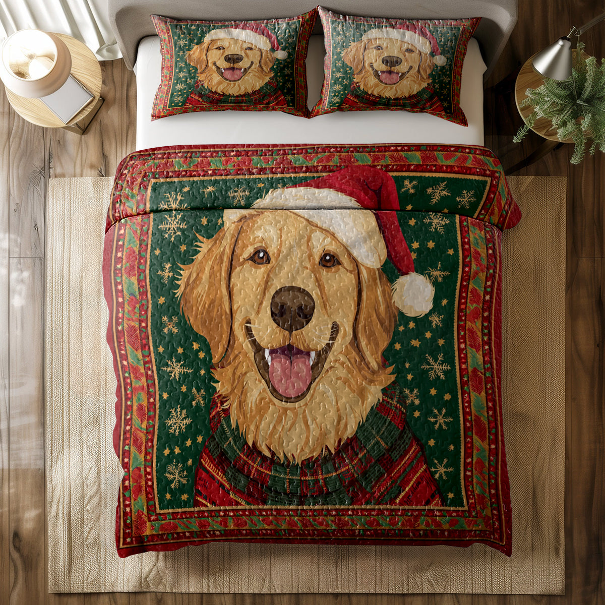 Ensemble de courtepointe toutes saisons Shineful 3 pièces Golden Retriever de Noël