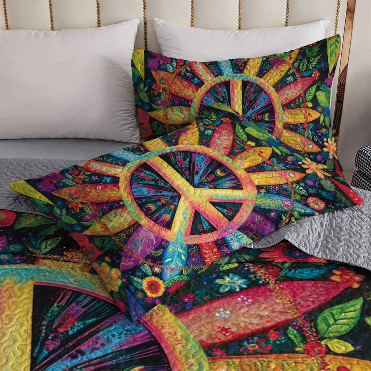 hineful All Season Quilt 3-Piece Floral Peace Sign Paradise