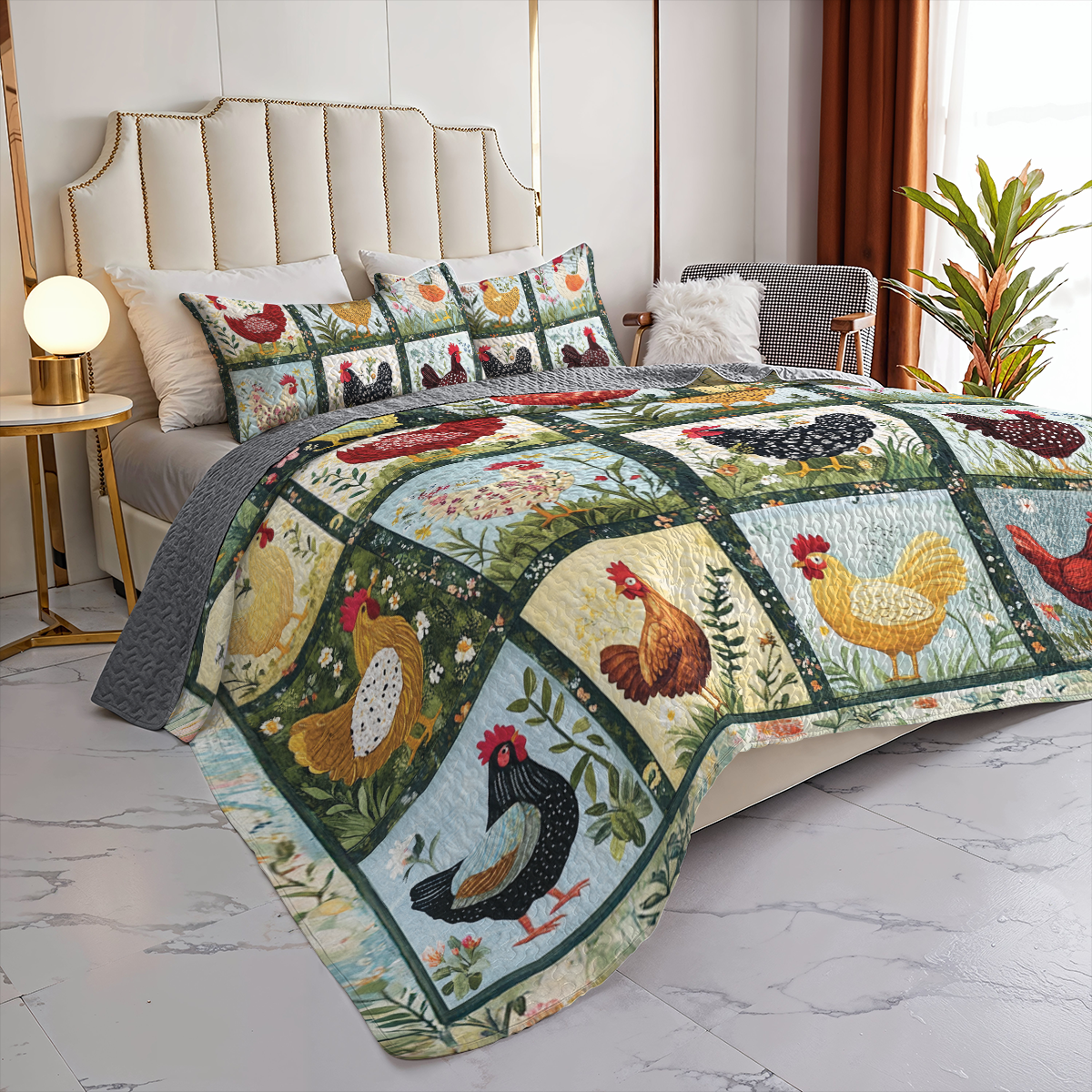 Shineful All Season Quilt 3-Piece Set Charming Chicken Patchwork