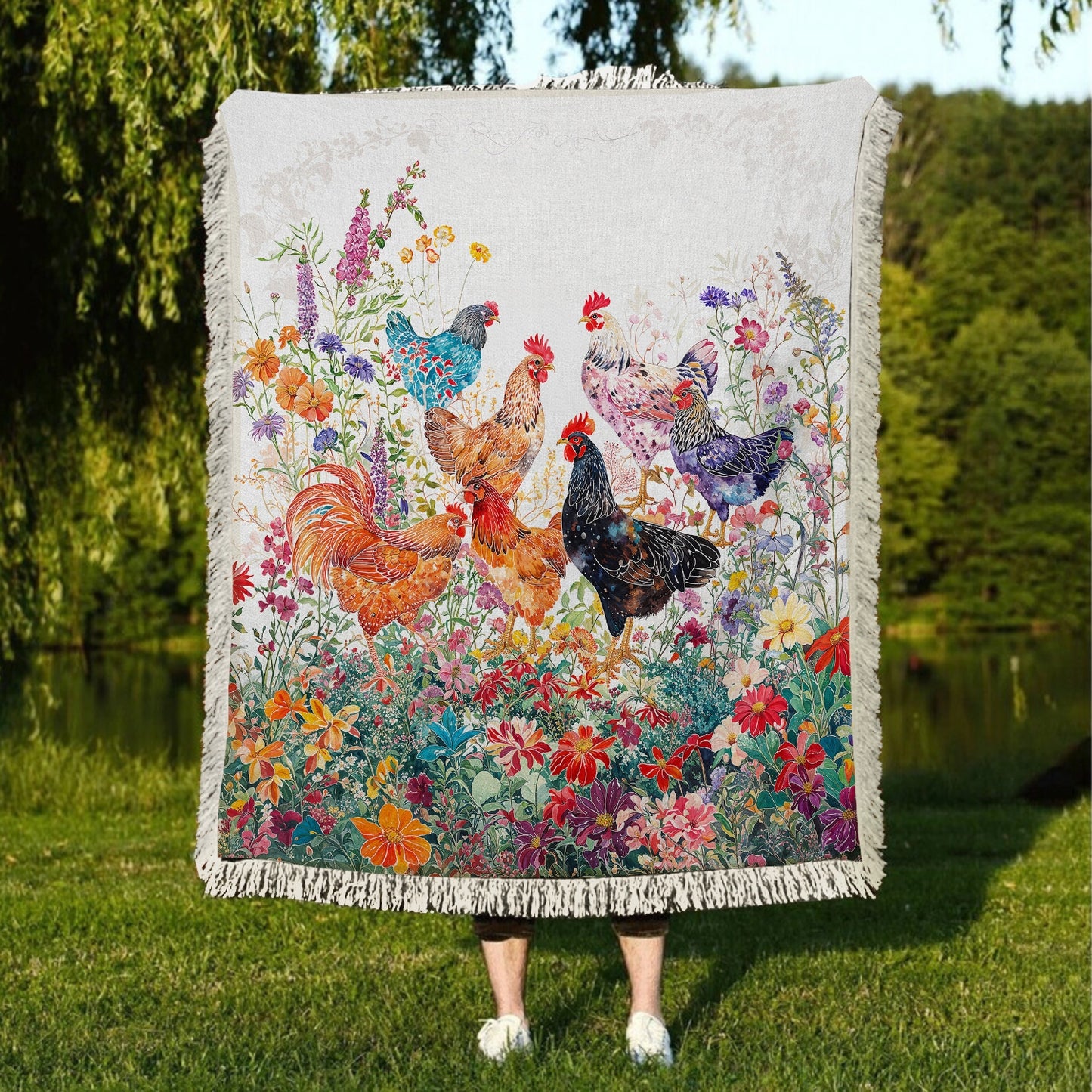 Shineful Woven Tapestry Throw Blanket - Rooster Garden Bliss