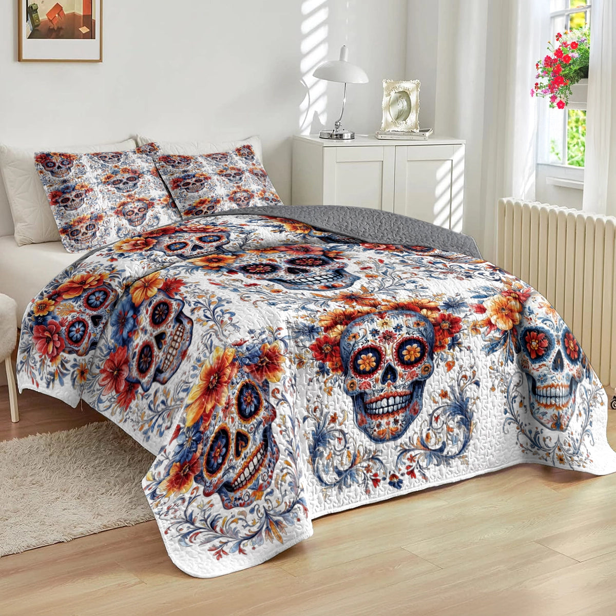 Shineful All Season Quilt 3-Piece Set - Mexican Folk Art Skull