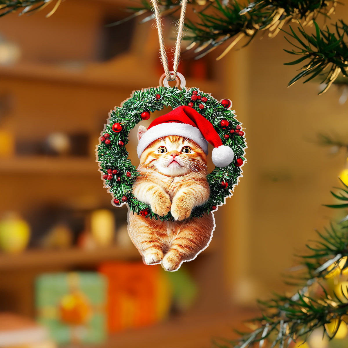 Shineful 2D Acrylic Ornament Naughty Cat With Holly Berry Wreath