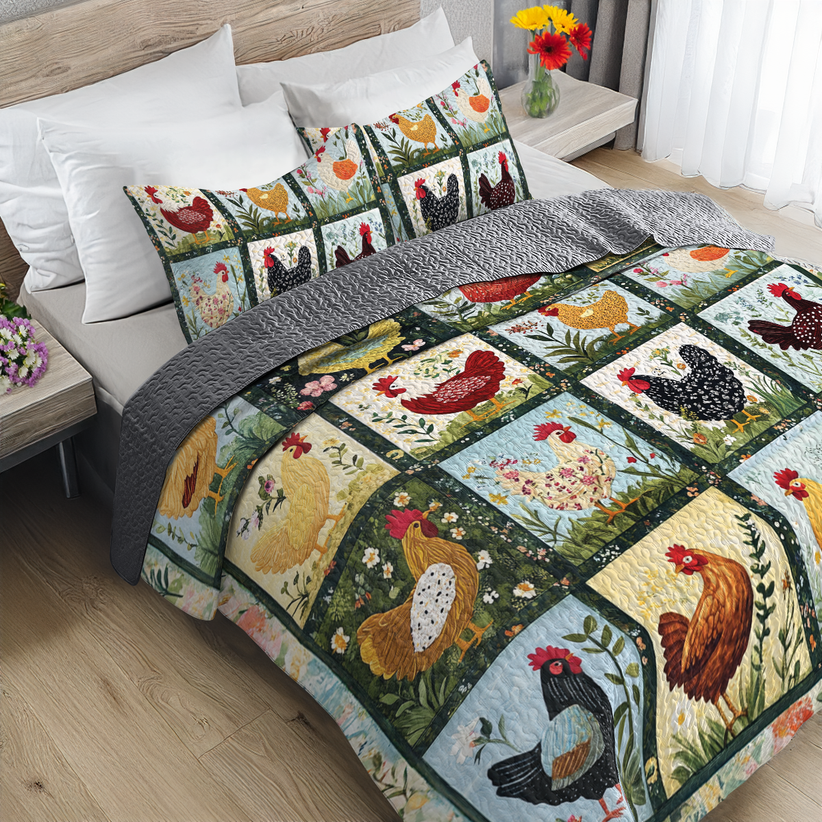 Ensemble de courtepointe toutes saisons Shineful 3 pièces Charmant patchwork de poulets