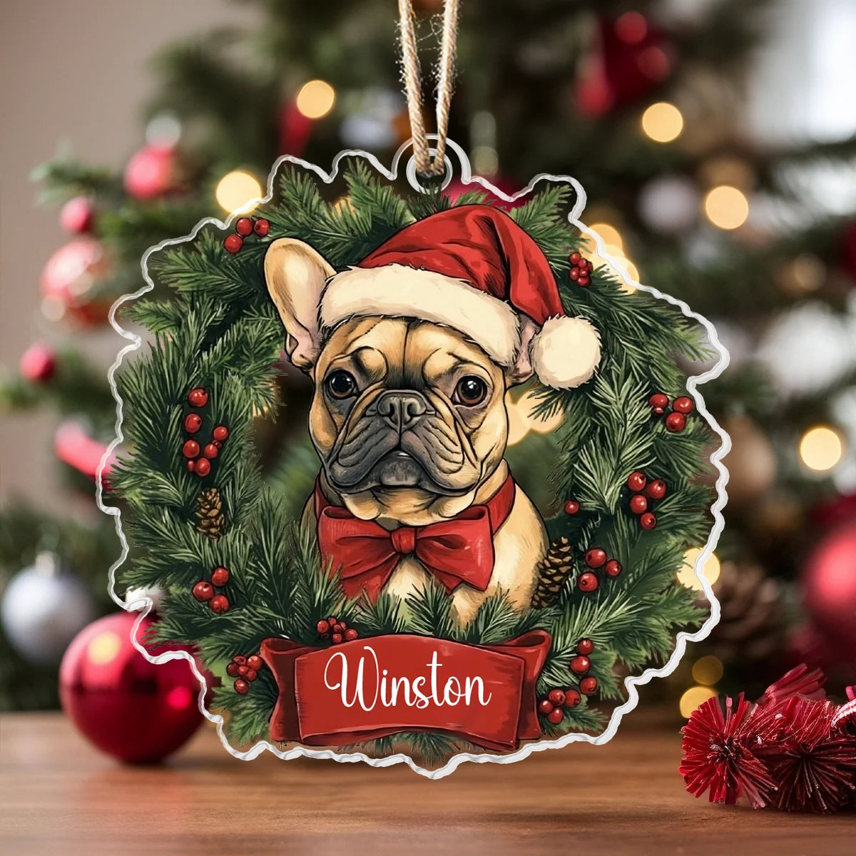 Glänzendes Acrylornament Personalisiert Festlicher Frenchie