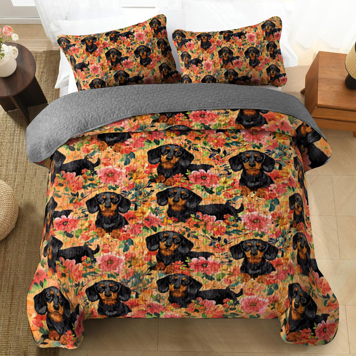 Shineful All Season Quilt 3-Piece Set Gorgeous Floral Dachshund