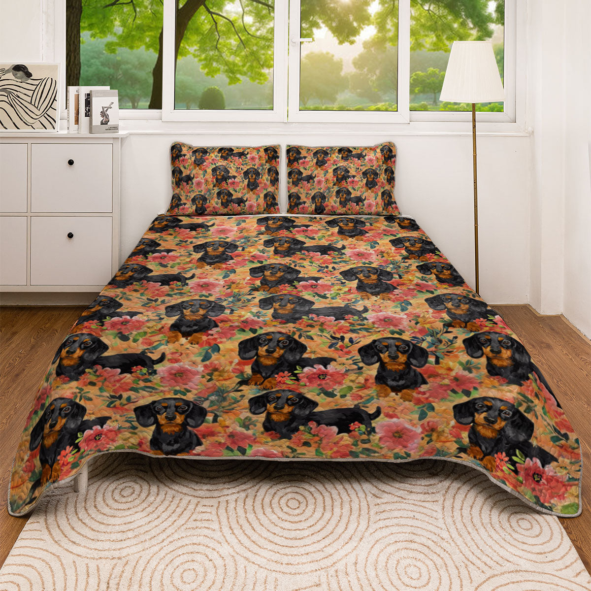 Shineful All Season Quilt 3-Piece Set Gorgeous Floral Dachshund