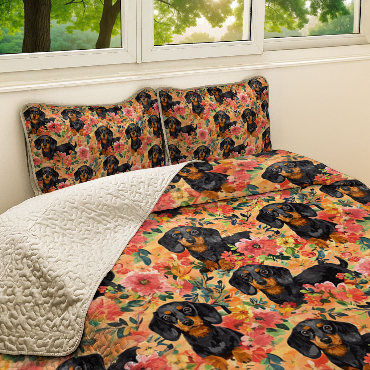 Shineful All Season Quilt 3-Piece Set Gorgeous Floral Dachshund