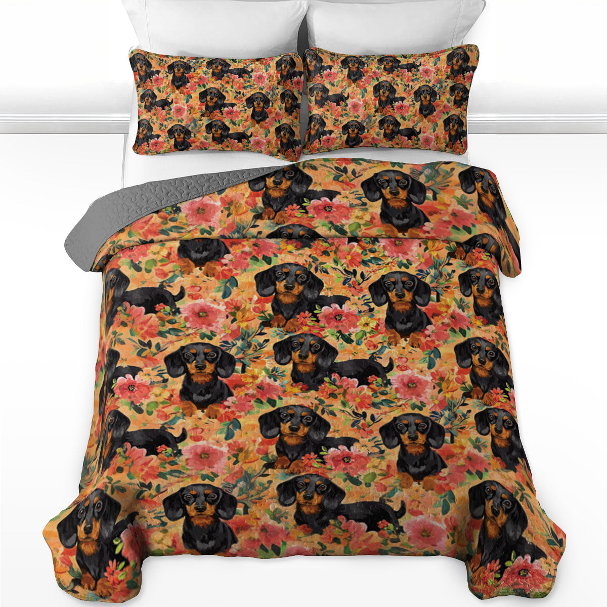 Shineful All Season Quilt 3-Piece Set Gorgeous Floral Dachshund