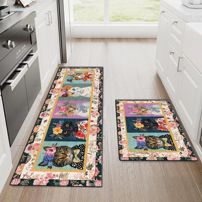 Shineful Ultra-Thin Non Skid Floor Mat, Kitchen Rugs Floral Cat Fantasy