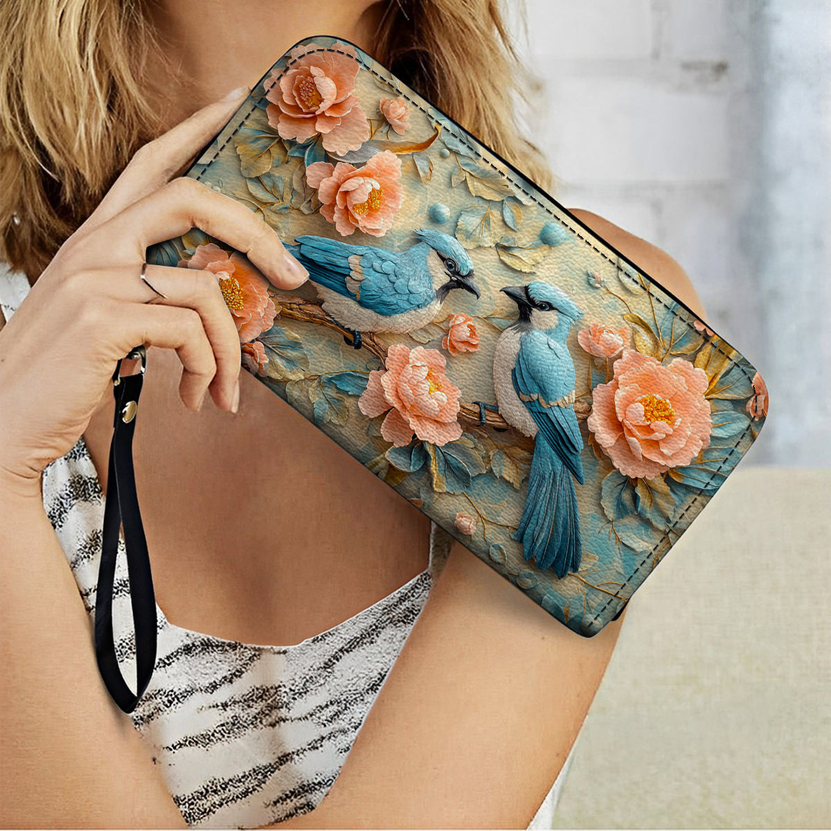 Shineful Leather Clutch Purse With Wristlet Strap Handle Bluebird Bliss