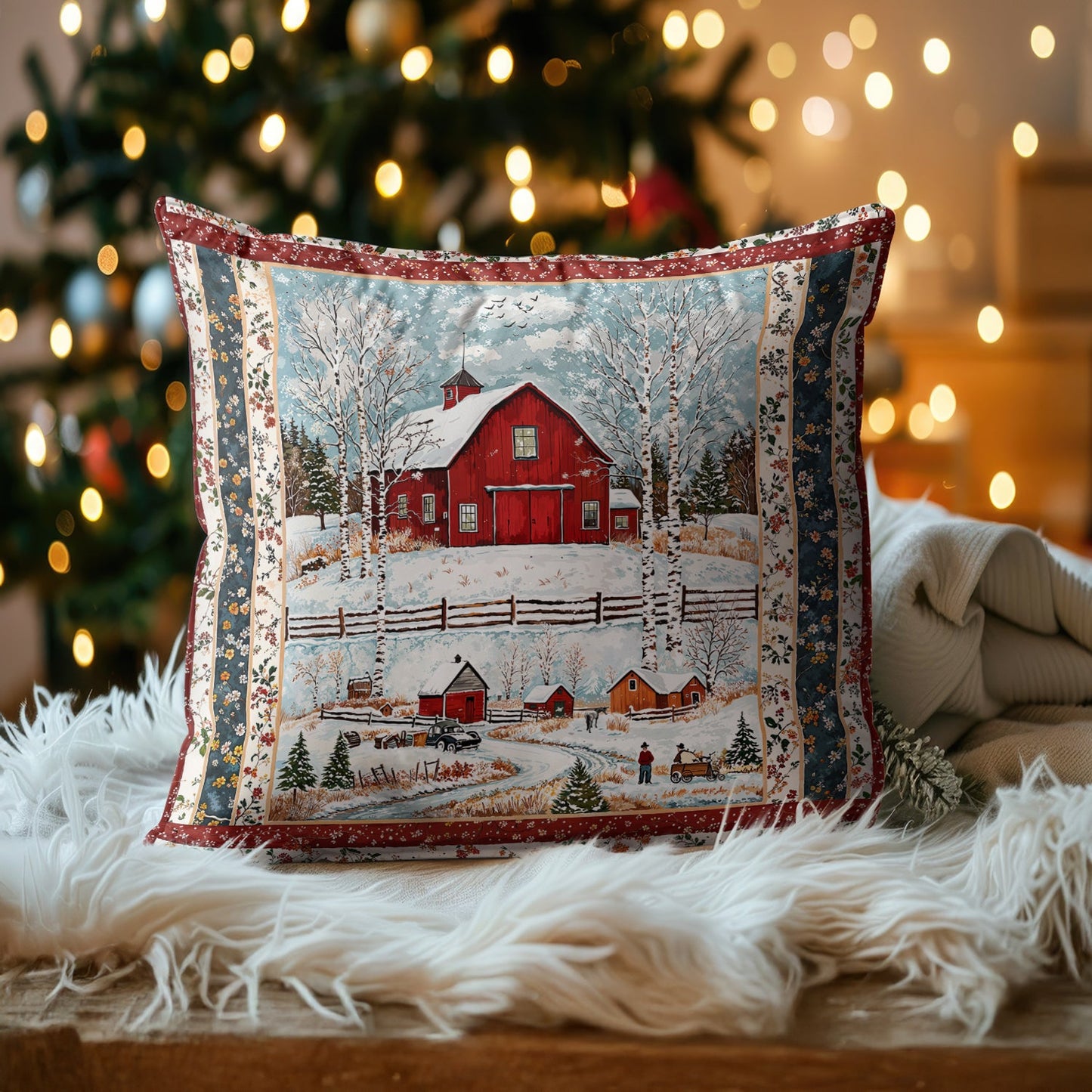 Shineful 2D Print Cushion Cover, Pillowcase, Pillows Covers - Red Barn Christmas