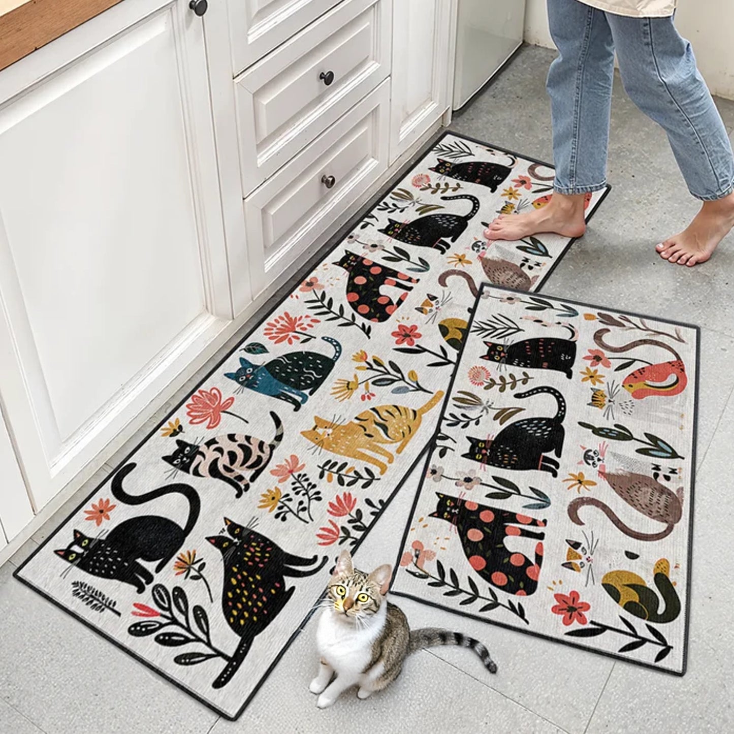 Shineful Ultra-Thin Non Skid Floor Mat, Kitchen Rugs Rug Botanical Cat Bliss