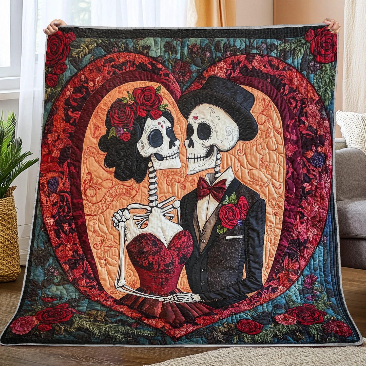 Shineful Flat Print Faux Quilt Blanket - Eternal Love in Day of the Dead Quilt Masterpiece