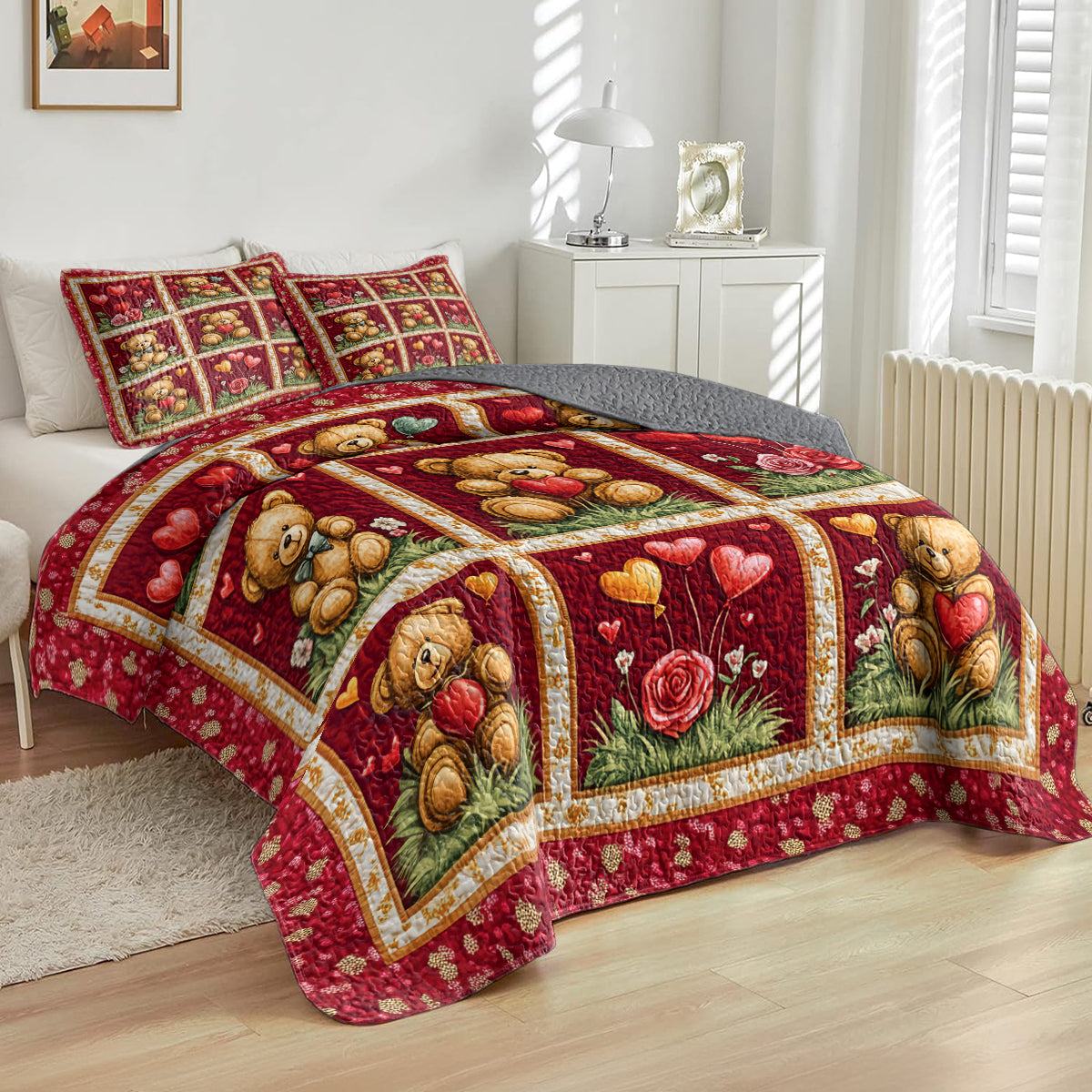 Shineful All Season Quilt 3-Piece Set Cute Teddy