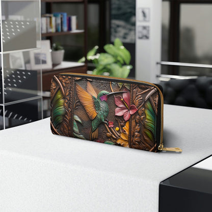 Shineful Leather Clutch Purse With Wristlet Strap Handle Embossed Hummingbird