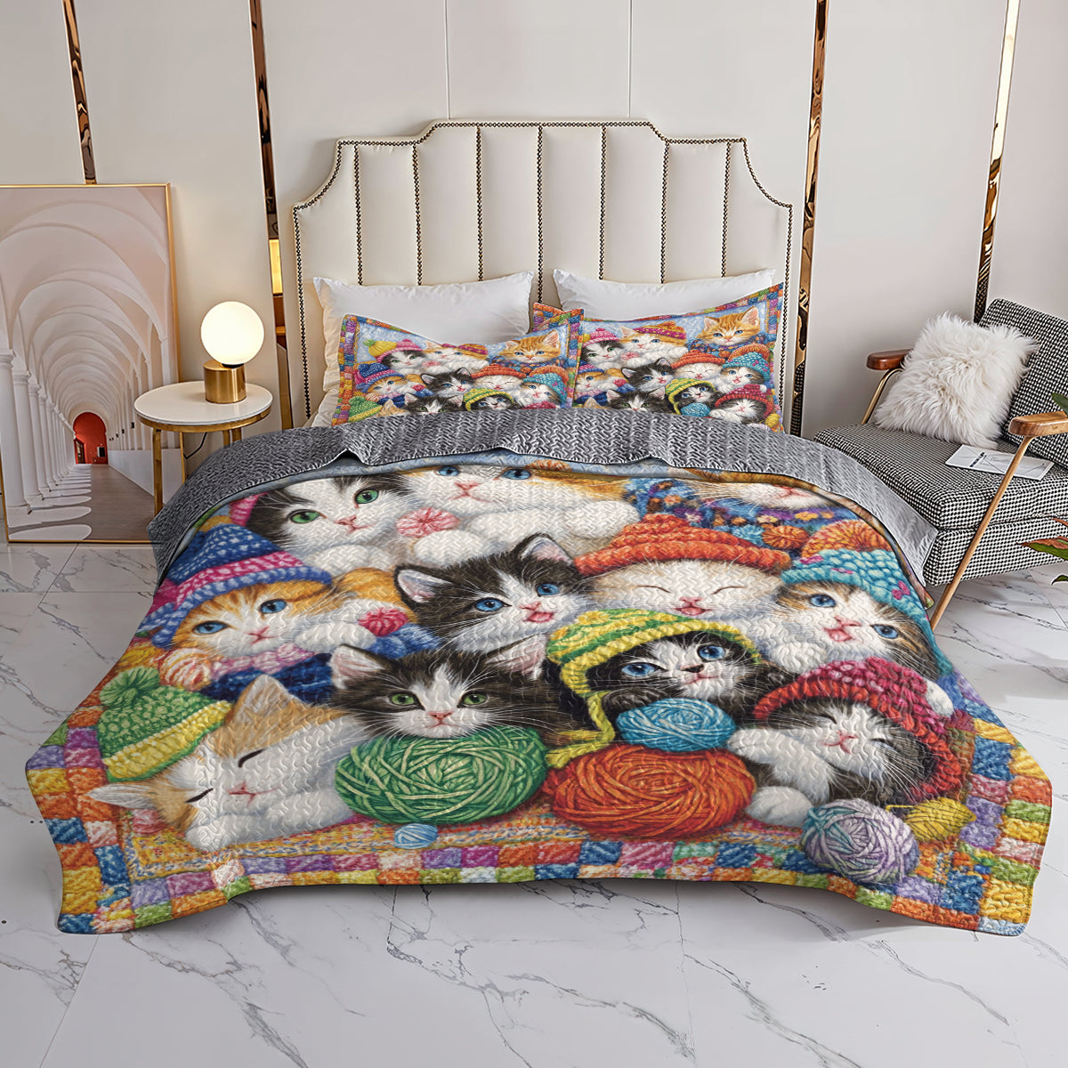 Shineful All Season Quilt 3-Piece Set Cozy Knitted Kittens