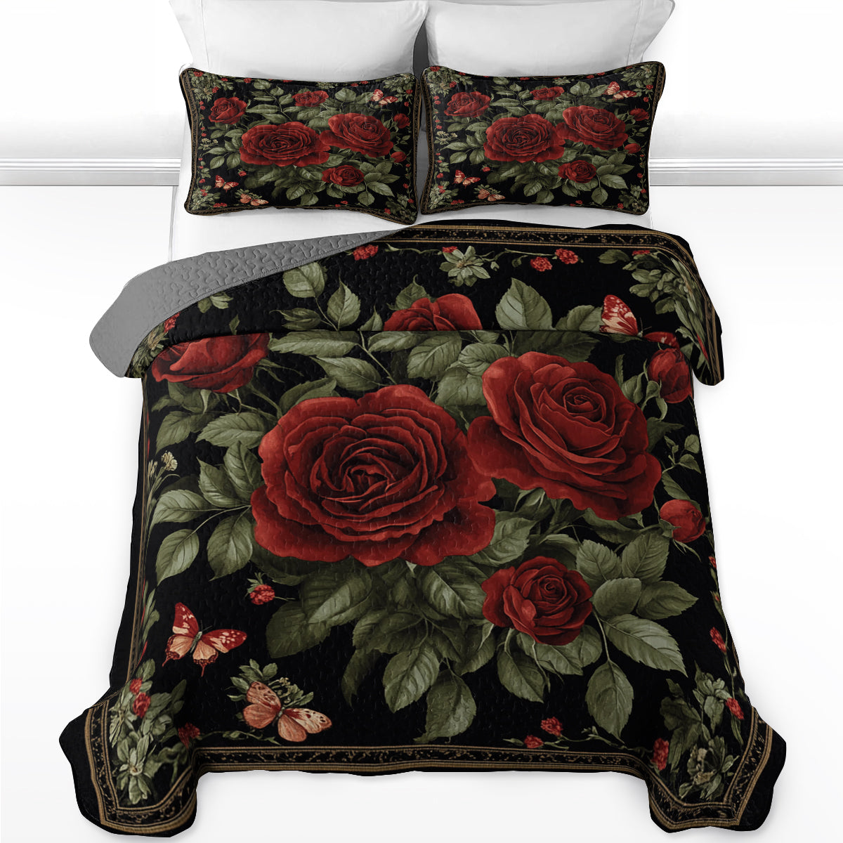 Shineful All Season Quilt 3-Piece Set Elegent Red Roses And Butterflies