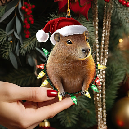 Ornement en acrylique brillant personnalisé Capybara Festive Lights