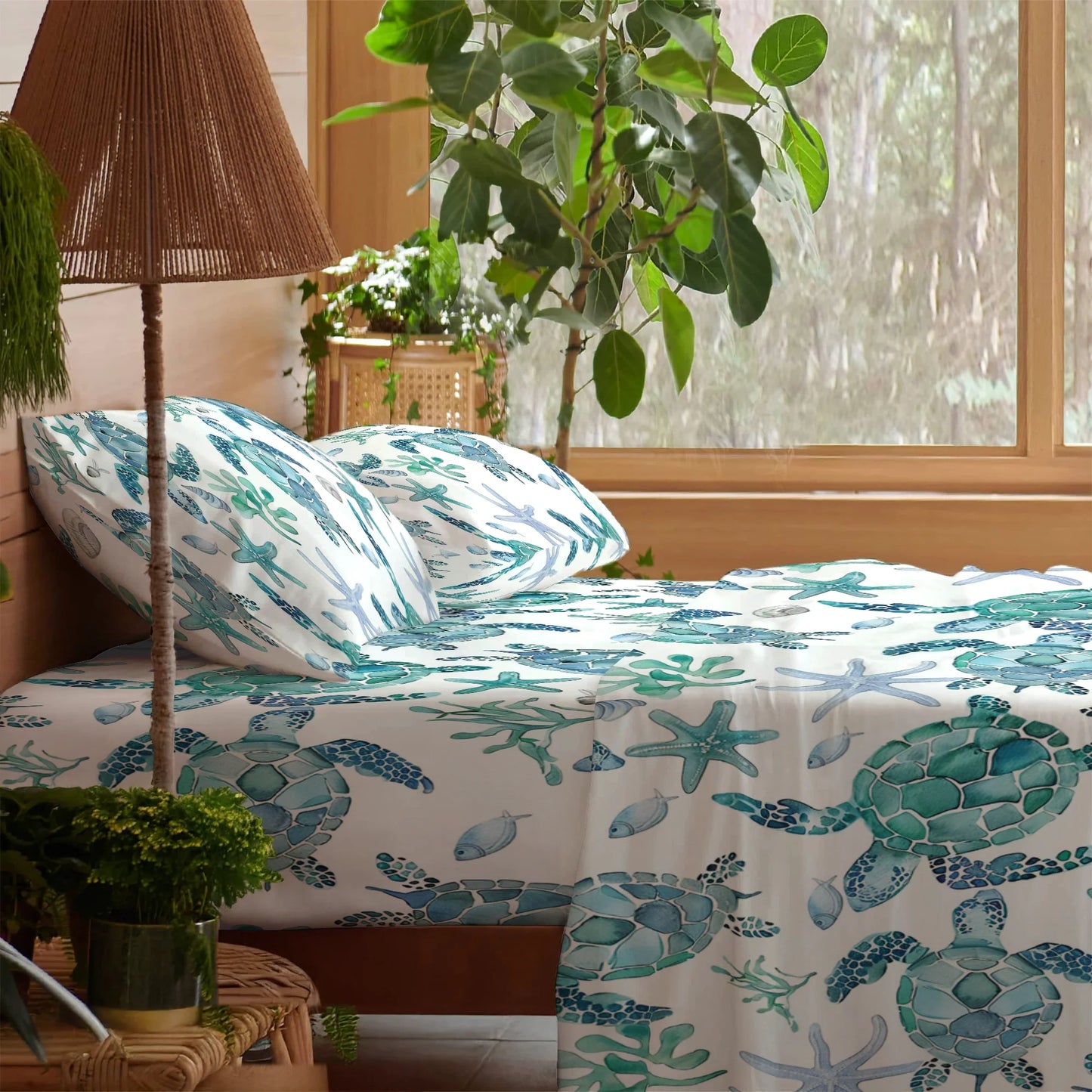 Shineful 4-Piece Bed Sheet Set - Sea Turtle Blue Flow