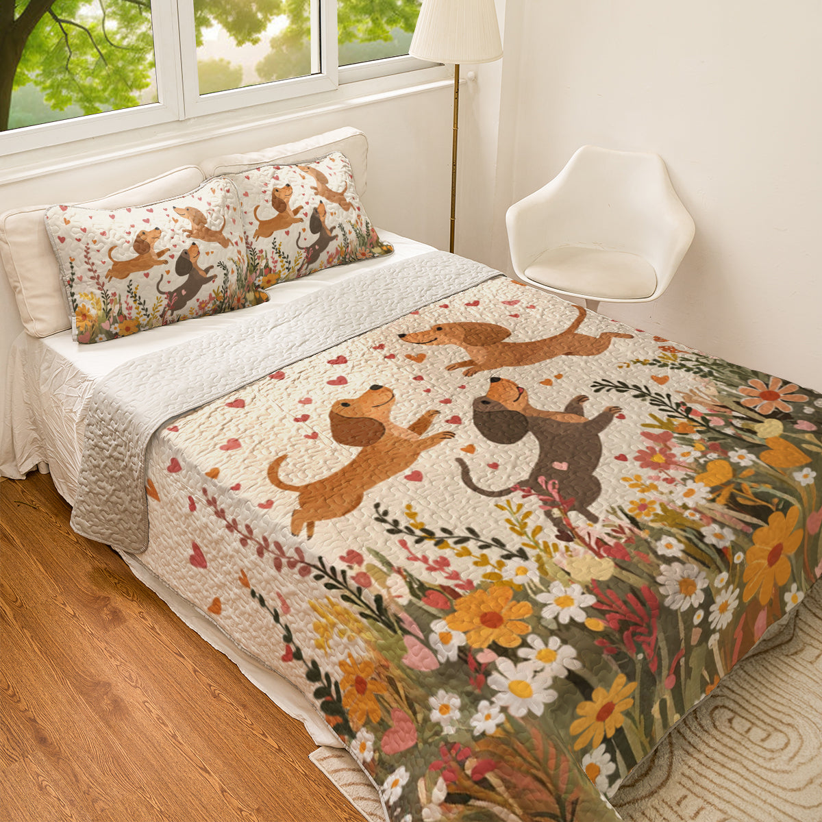 Shineful All Season Quilt 3-Piece Set Floral Dachshund With Heart