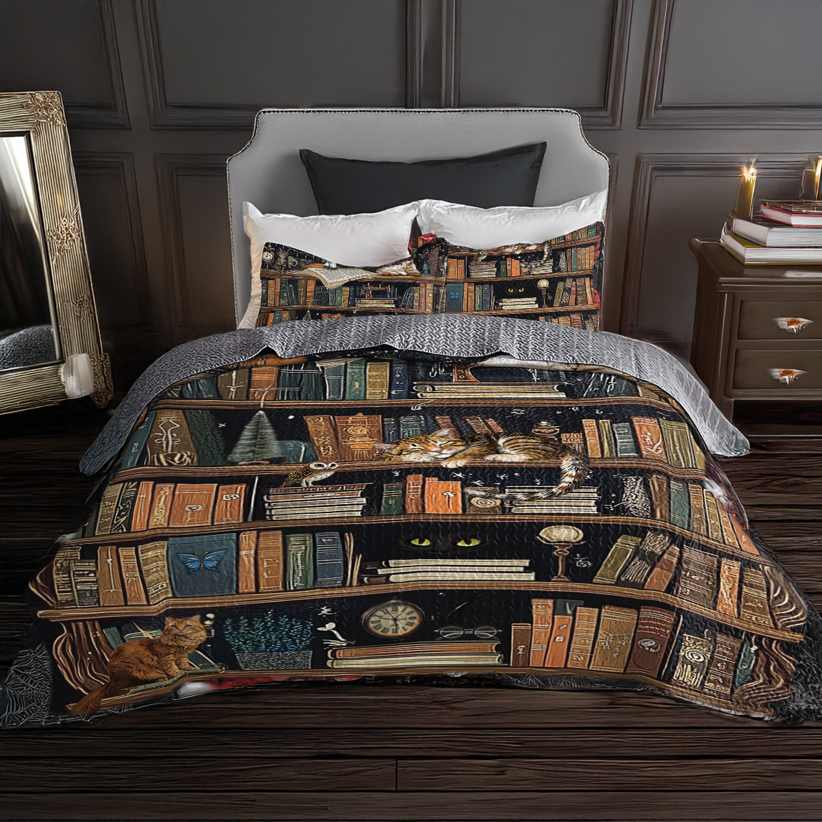 Shineful All Season Quilt 3-Piece Set Purrfect Book Lover Bookshelf