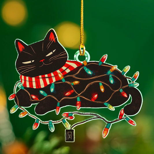 Ornement en acrylique 2D brillant - Chat emmêlé dans les lumières de Noël 