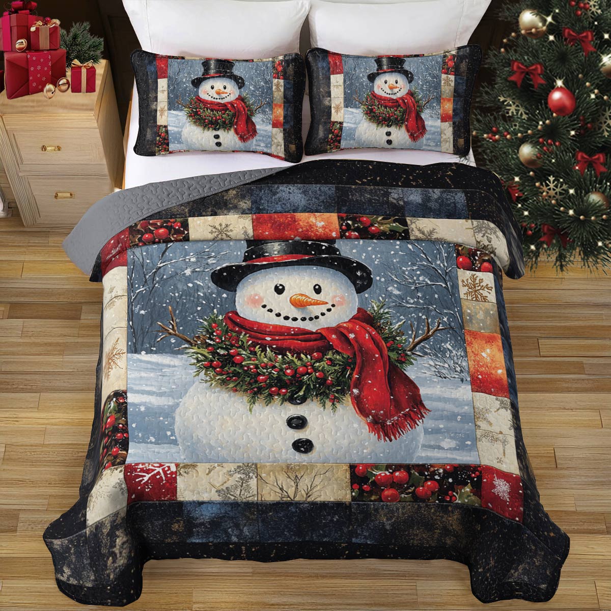 Ensemble de courtepointe toutes saisons Shineful 3 pièces Bonhomme de neige joyeux 