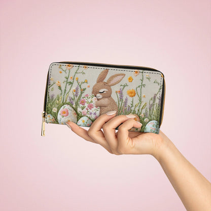 Shineful Leather Clutch Purse With Wristlet Strap Handle Hand-Embroidered Easter Bunny