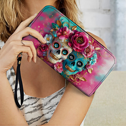 Shineful Leather Clutch Purse With Wristlet Strap Handle Sugar Skull Love