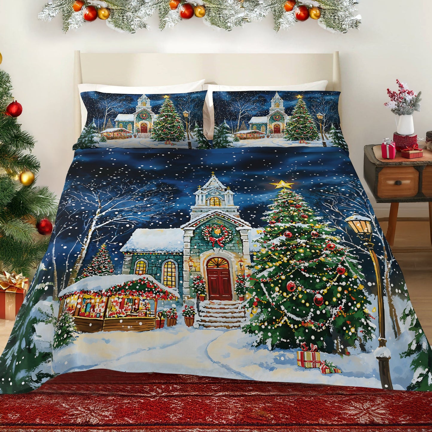 Shineful 4-Piece Bed Sheet Set - Christmas Church Serenity