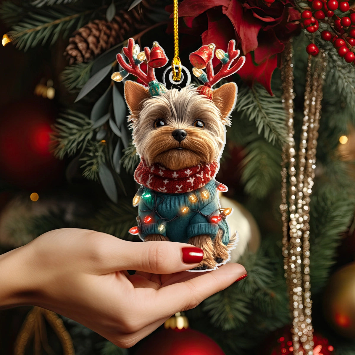 Glänzender 2D-Acryl-Ornament „Yorkie“ – Weihnachtsanhänger