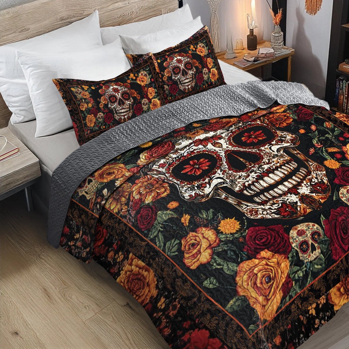 Shineful All Season Quilt 3-Piece Set - Enchanted Floral Skull