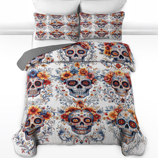 Shineful All Season Quilt 3-Piece Set - Mexican Folk Art Skull