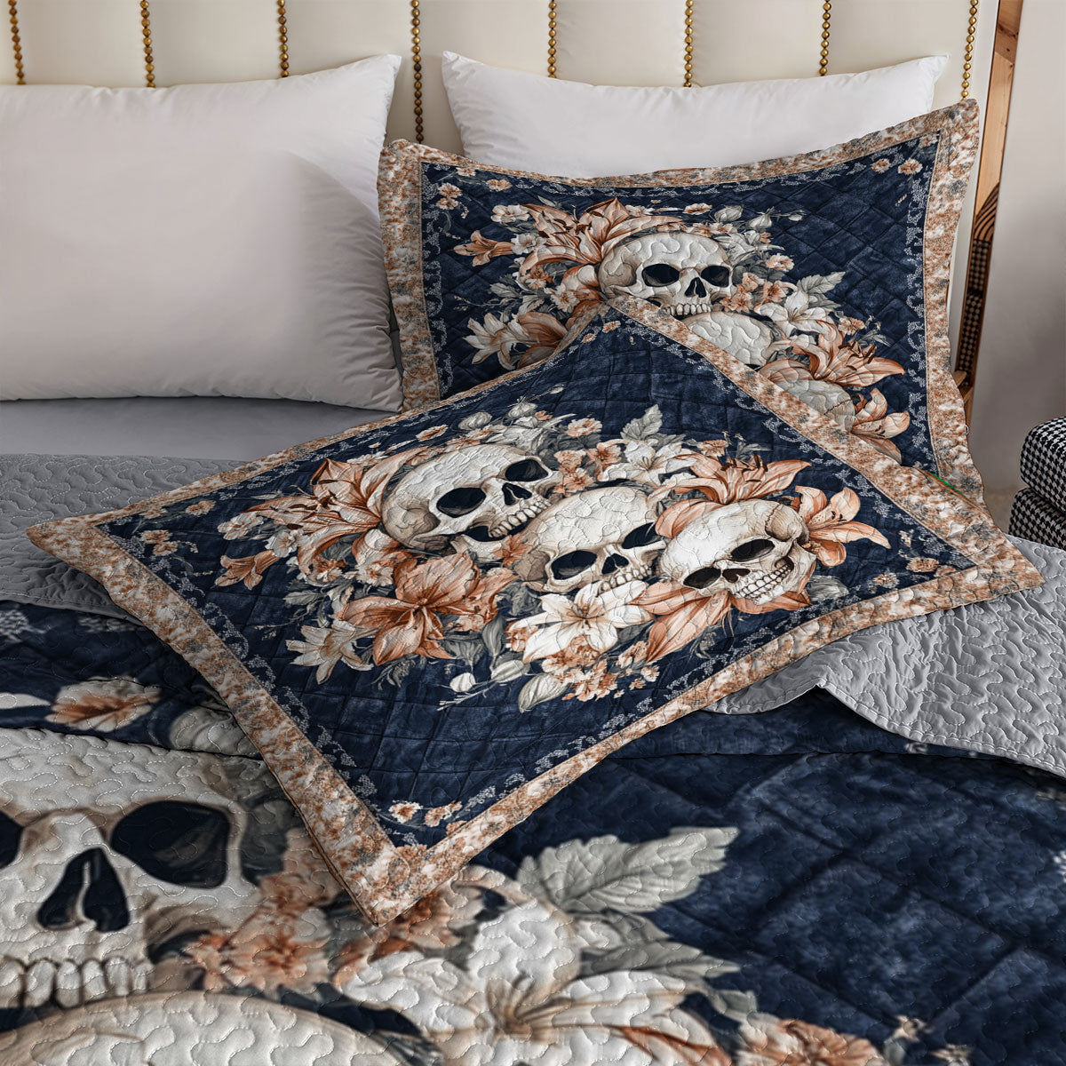 Shineful All Season Quilt 3-Piece Set Elegance Skull and Floral Garden