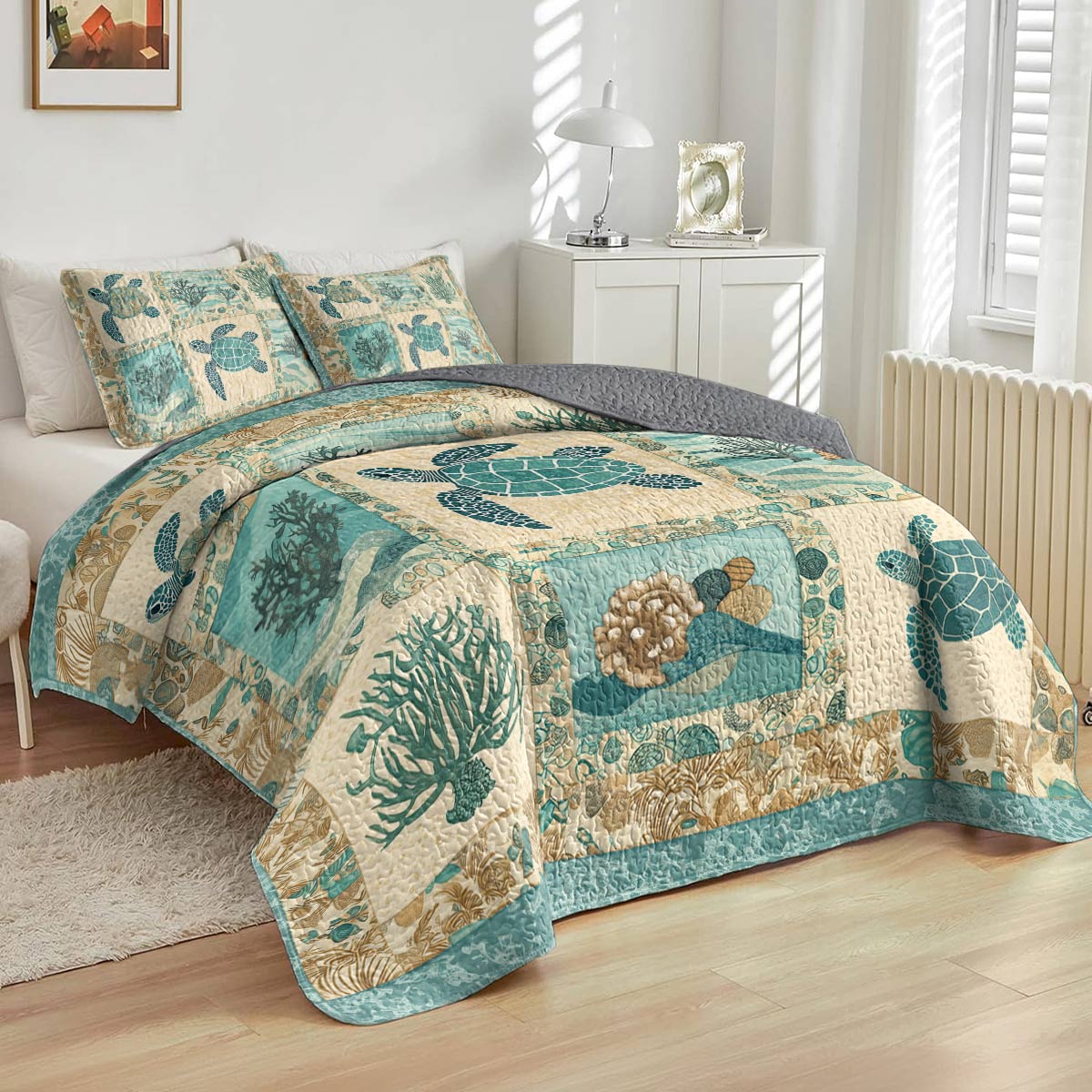 Shineful All Season Quilt 3-Piece Set - AquaMarine Sea Turtle Patchwork