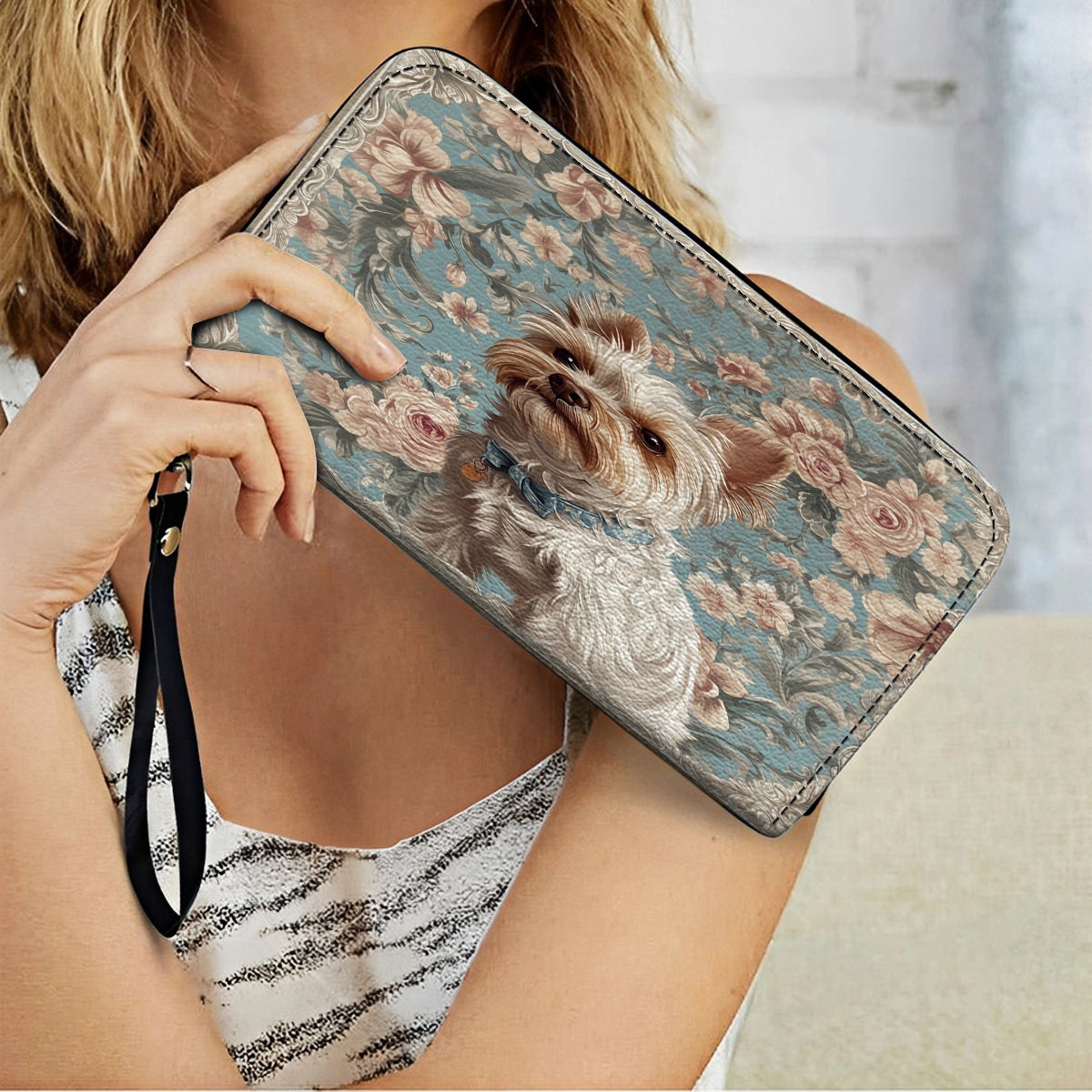 Shineful Leather Clutch Purse With Wristlet Strap Handle Yorkie Elegance