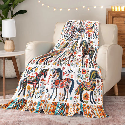 Shineful Fleece Blanket Horse Floral Pattern