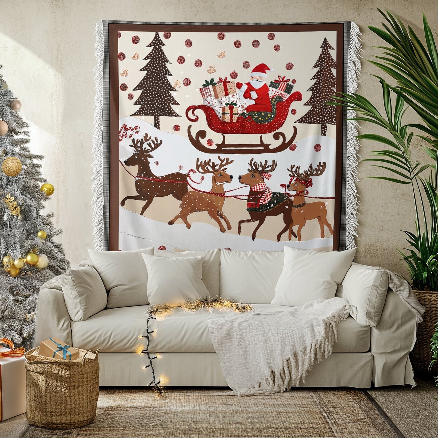 Shineful Woven Tapestry Throw Blanket - Cozy Santa Claus With Reindeer Pulling His Sleigh Full Of Gifts