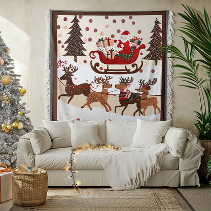 Shineful Woven Tapestry Throw Blanket - Cozy Santa Claus With Reindeer Pulling His Sleigh Full Of Gifts