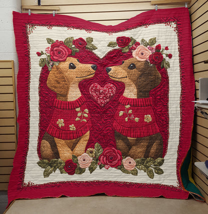 Shineful Flat Print Faux Quilt Blanket - Heart Floral Dachshund Couple