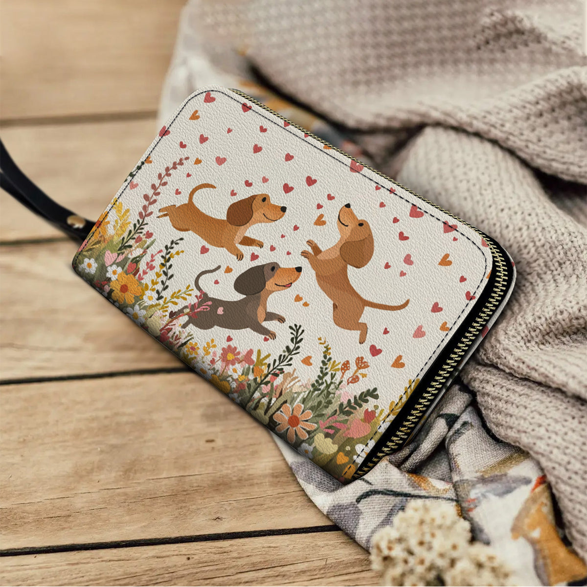 Shineful Leather Clutch Purse With Wristlet Strap Handle Floral Dachshund With Heart