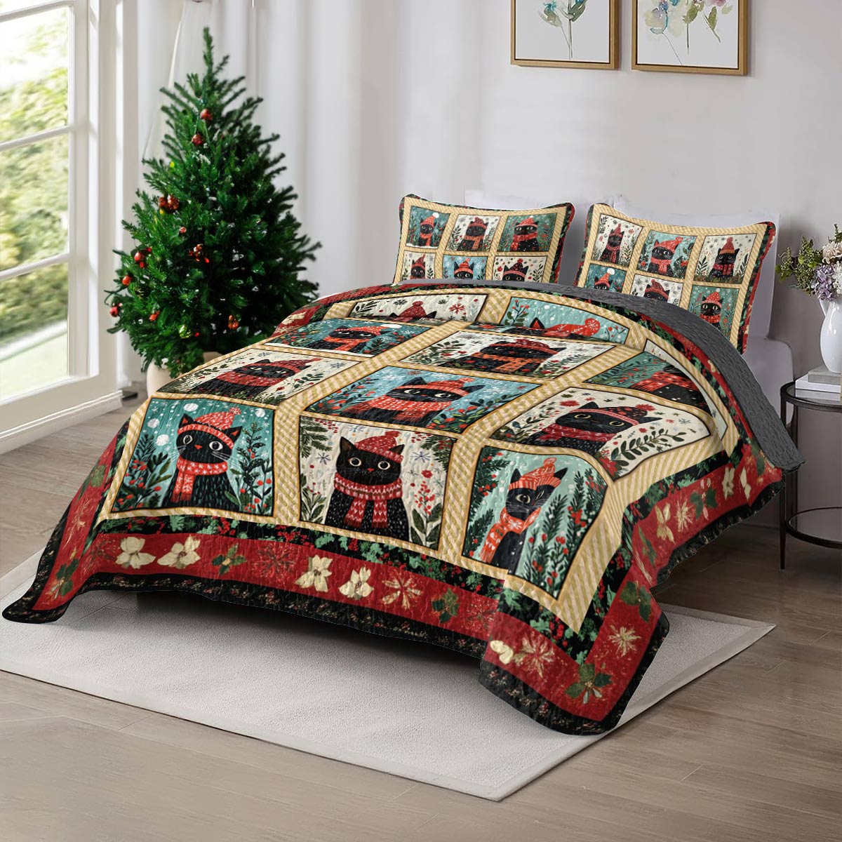 Shineful All Season Quilt 3-Piece Set Cat Christmas Potrait